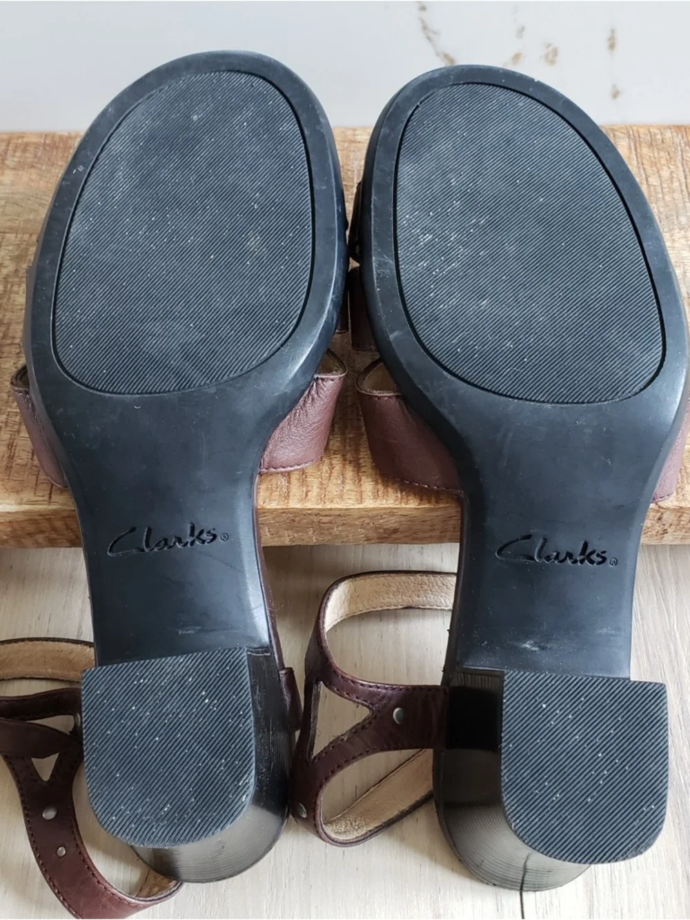 Clarks Brown Leather Block Heel Sandals with Ankle Buckle - Picture 6 of 8